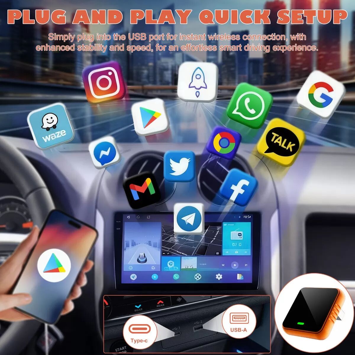 INF Kabelloser CarPlay Adapter: Kabelgebundener zu kabellosem Konverter mit Bluetooth 5.3 & Dual-Core-Prozessor Orange