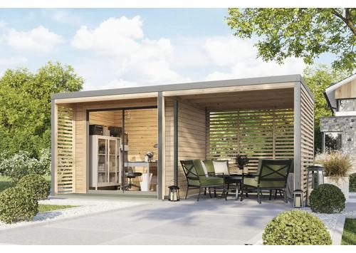 Gartenhaus Karibu Kaspi A Blech grau inkl. Fußboden, Terrasse, Unterkonstruktion, Vordach, Anbaudach 539,5 x 276 cm natu