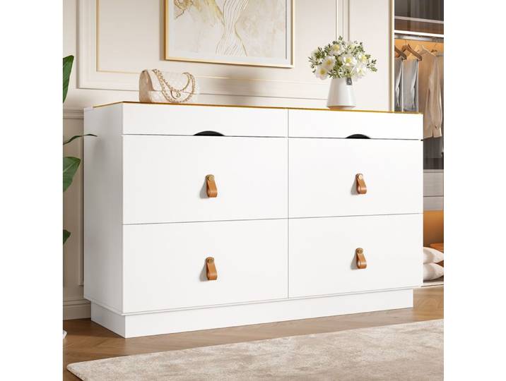 MEUBLIV Commode de chambre à 6 tiroirs plateau en verre blanc 120 x 40 x 78 cm anti-basculement