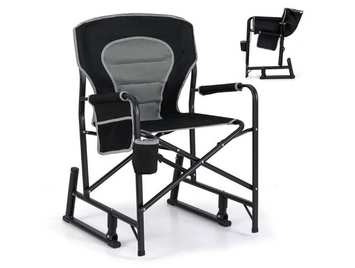 COSTWAY Chaise de Camping Pliable à Bascule de Jardin Double Ressort Porte-Gobelet Poche de Rangement pour Plage Terrasse