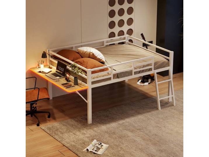 Lit mezzanine 140x200 cm - Métal - Bureau pliable - LED - 2 places