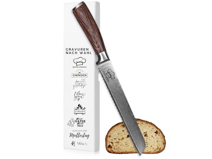 Wakoli EDIB Brotmesser mit Gravur, Damastmesser 20 cm, VG10 Kern, 67 Lagen Personalisiertes Messer mit 20 cm Wellenschliff, 60 ± 2 HRC, Pakkaholzgriff, für Brot, Brötchen & Baguette, inkl. Geschenkbox