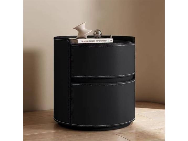 HYUFEIAO Nachttisch aus Massivholz mit Sattelleder-Finish, moderner Nachttisch für Schlafzimmer, runder Nachttisch mit 2 Schubladen, kleine Kommode, schwarz, 45 cm