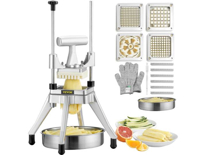 VEVOR Commerciële Aardappelsnijder Frietensnijder 1/2 + 3/8 + 1/4 Inch + 6 Wiggen\, Frietensnijder Groentensnijder Fruitsnijder met 6 Vervangingsmessen\, Roestvrijstalen Chopper