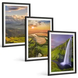BILDER SET 3er Set - 40x60 cm Schwarzer Rahmen - Gebirgsflüsse, Wasserfälle, Natur
