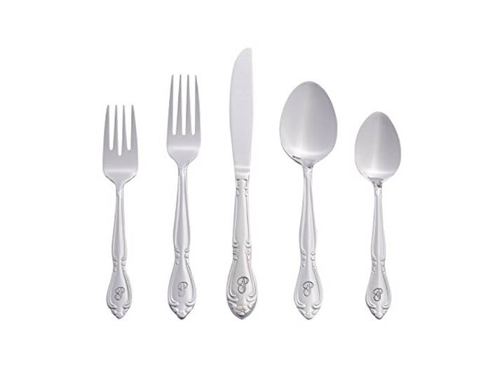 RiverRidge Rose Monogrammiertes Besteck-Set, 46-teilig, Besteck-Set mit Servierteilen, schwerer Edelstahl, spiegelnde Oberfläche, spülmaschinenfestes Besteck für den täglichen Gebrauch
