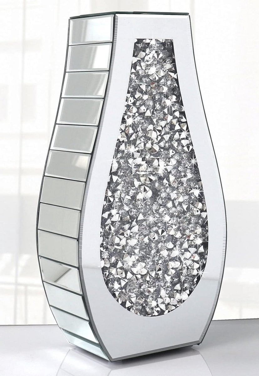 Grote Zilveren Decoratieve Boogvormige Vaas met Glitterende Kristallen Spiegelafwerking