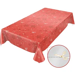 Weihnachtstischdecke Schneeflocken Rot abwaschbar Wachstuch Wachstuchtischdecke - 260 x 140 cm, Schnittkante