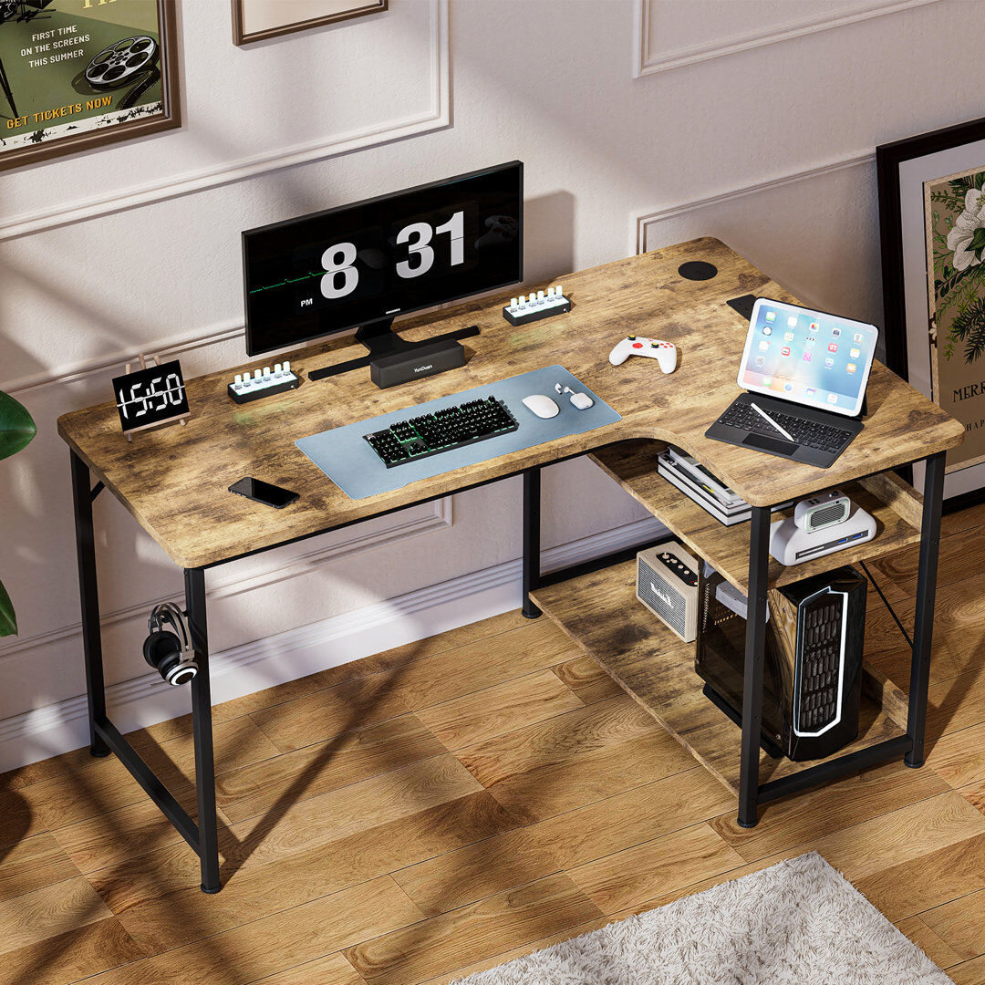 Inbox Zero L-Shaped Computer Desk Brown 75cm. H x 110cm. W x 80cm. D