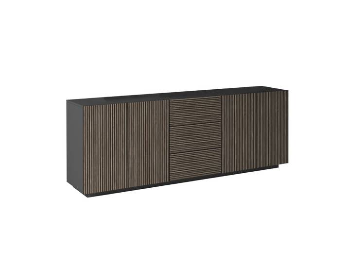 Buffet 4 portes 220,1 cm effet bois cannelé anthracite et bois foncé