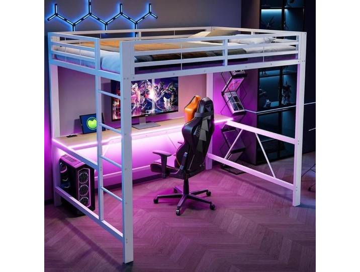 Lit mezzanine - KOMHTOM - Mezzanine Gaming 140x200 - Bureau intégré - LED RGB+USB - Métal blanc
