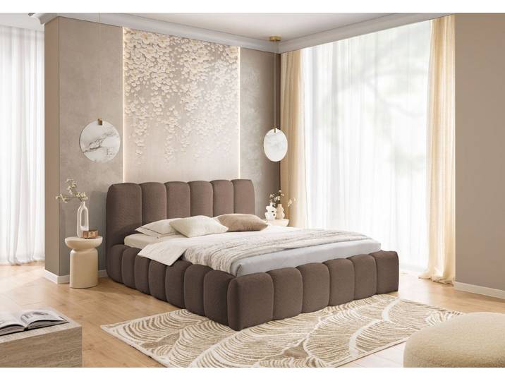 yourhouse24 Polsterbett MICANDI aus Bouclé inkl. Metallrahmen – Wolkenbett mit Bettkasten, Voluminöses Rillen-Design mit Gasdruckfedern & riesigem Stauraum