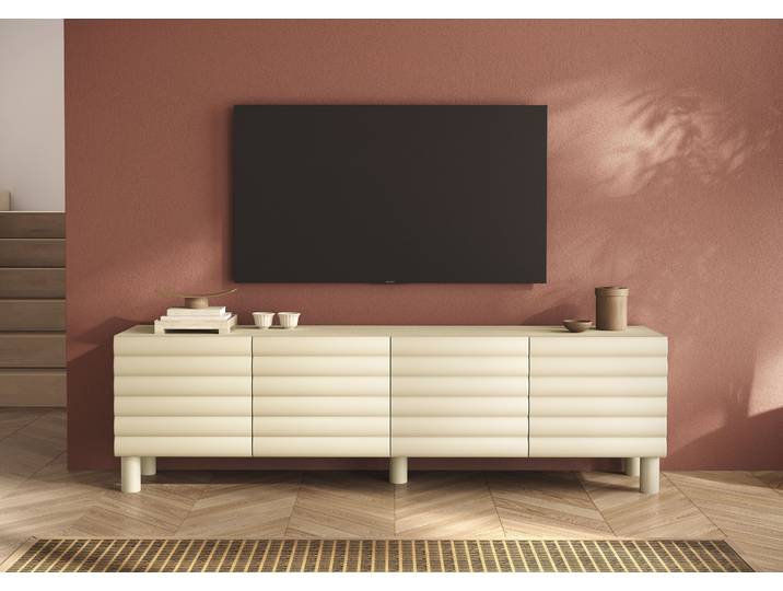 Lowboard GOODPRODUCT Adria, 202 cm breit, 4 Türen, Mediaboard, TV-Schrank, TV-Board , talco spatolato, fronten talco in 3d, design, B:202cm H:59cm T:42cm, Holzwerkstoff, MDF, Sideboards, Lowboard, Korpus Talco Spatolato, MDF-Fronten in 3D-Design, viel Stauraum