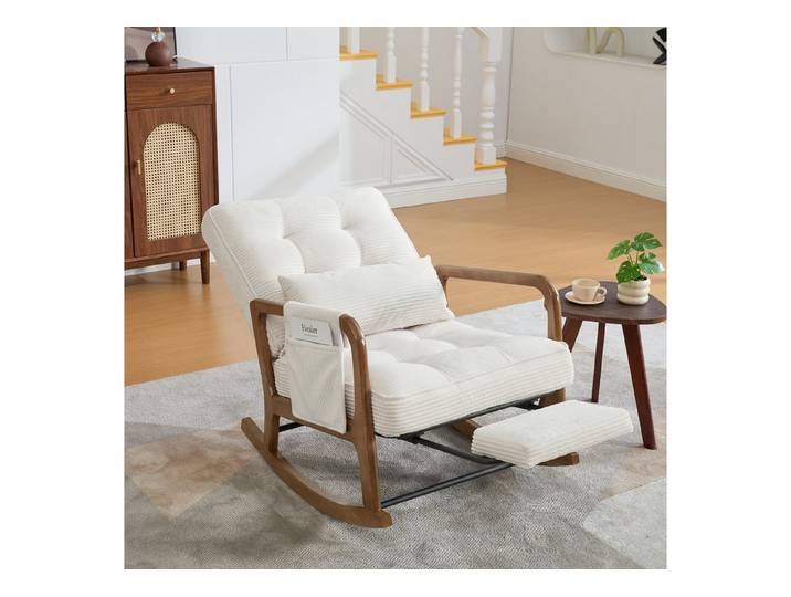REDOM Loungesessel Schaukelstuhl mit verstellbarer Lehne & Fußstütze (Cord Sessel mit Lendenkissen, Seitentaschen & weichem Polster), Polsterstuhl Relaxsessel