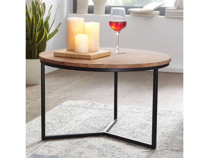 FineBuy table basse FineBuy 60x60x38 cm table basse en acacia bois massif / métal ronde Table basse solide Petite table basse ronde