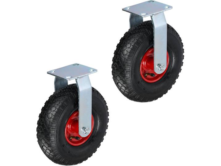 Relaxdays Bockrollen 2er Set, luftbereift 3.00-4, Schwerlastrad, Transportrolle mit Stahlplatte, bis 120 kg, schwarz/rot