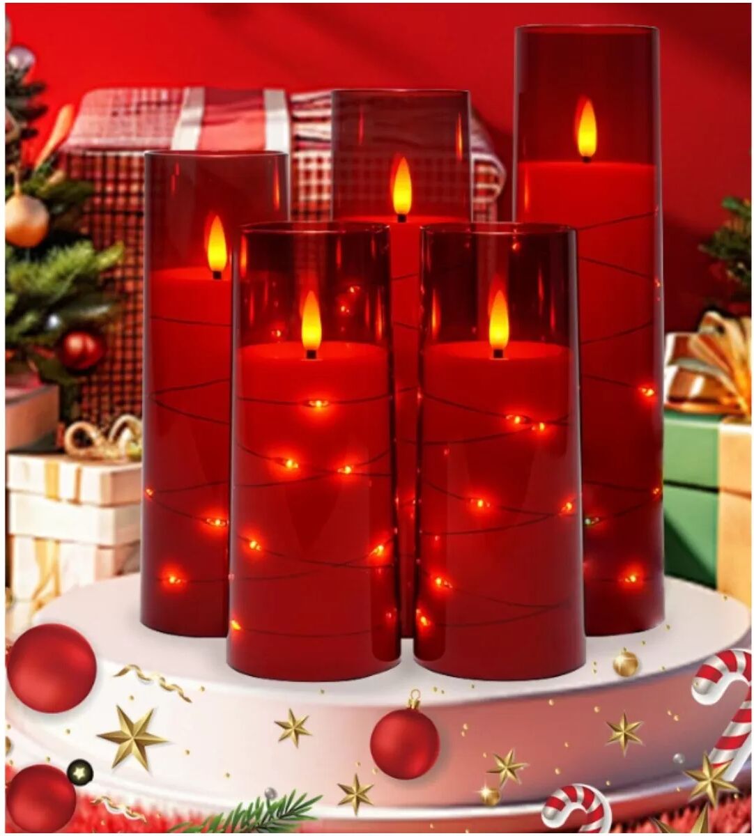 INF Rote LED Flammenlose Kerze (5,5x20cm) - Batteriebetrieben für Weihnachten & Partys