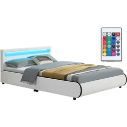Juskys Polsterbett Sevilla 140x200 cm – Bett mit LED Beleuchtung & Lattenrost – Jugendbett weiß