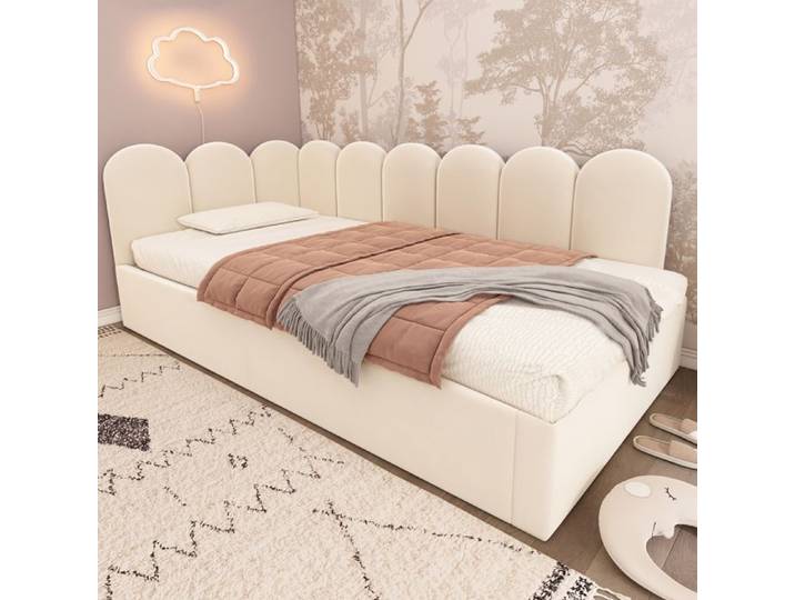 Lit enfant 90x200 cm EVRYAE - avec lit gigogne et sommier sans Matelas - Velours - Beige
