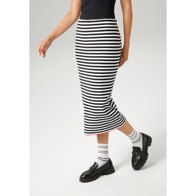 Strickrock ANISTON CASUAL, Damen, Gr. 42, bunt (schwarz, weiß, rot), Feinstrick, Obermaterial: 50% Viskose, 28% Polyester, 22% Polyamid, geringelt, gestreift, sehr figurbetont wadenlang, Röcke, mit rotem Farbakzent am Saum