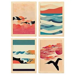 POSTER Set mit 4 Vogel im Abstrakt Moderne Galaxien A3 Rahmen aus hellem Holz