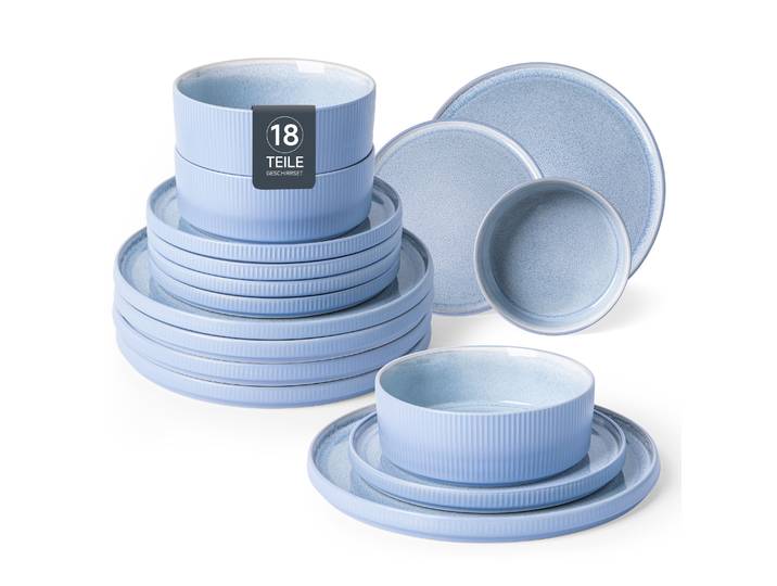 Geschirr-Set GOODPRODUCT Ylvii, aussen matt, innen reaktiv glasiert , reactive blau, 18 Stk., Steinzeug, Geschirr-Sets, Geschirr-Set, Riffeloptik, spülmaschinenfest und mikrowellengeeignet