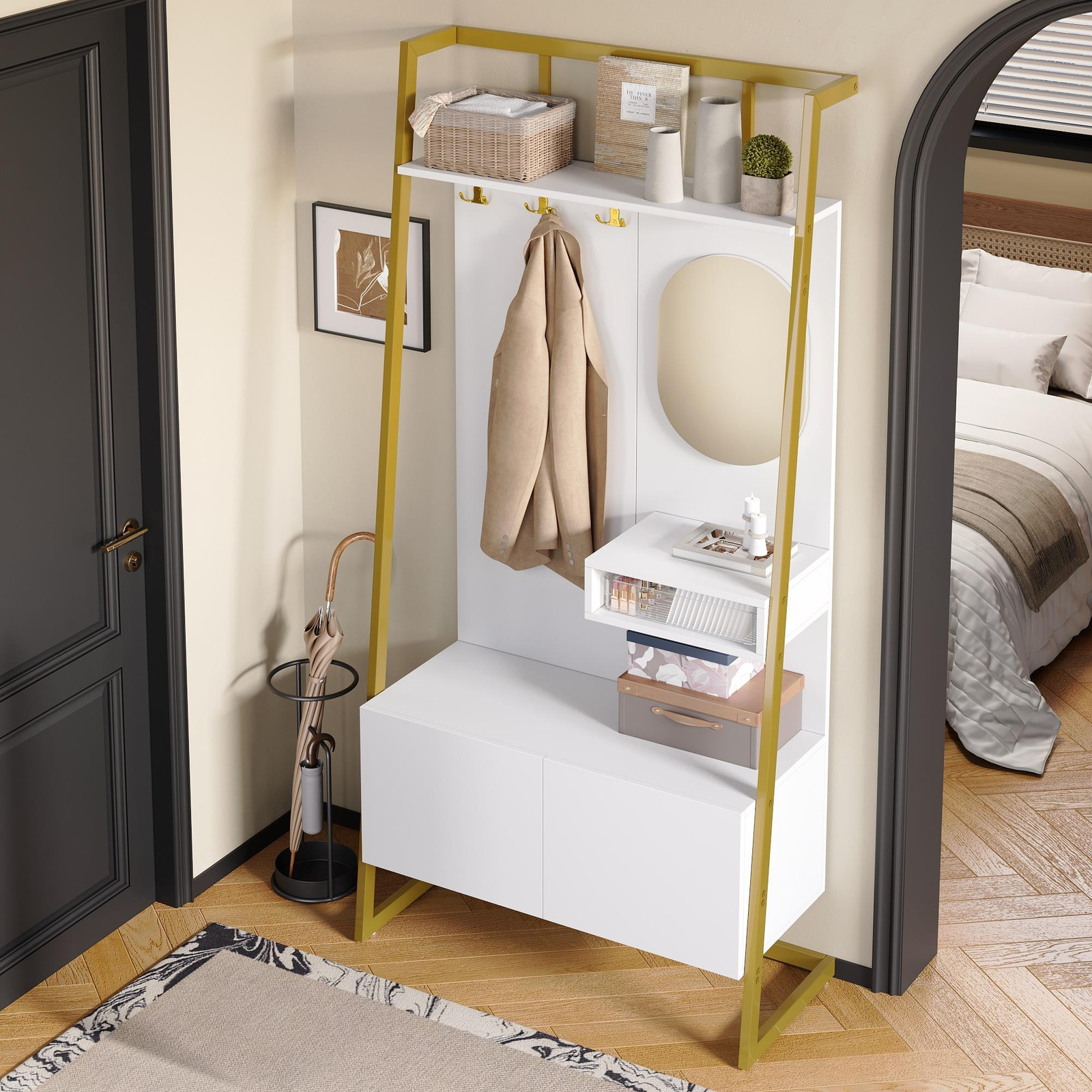 STILVORA Garderobe met spiegel, kledingrek, zitbank en schoenenkast in wit