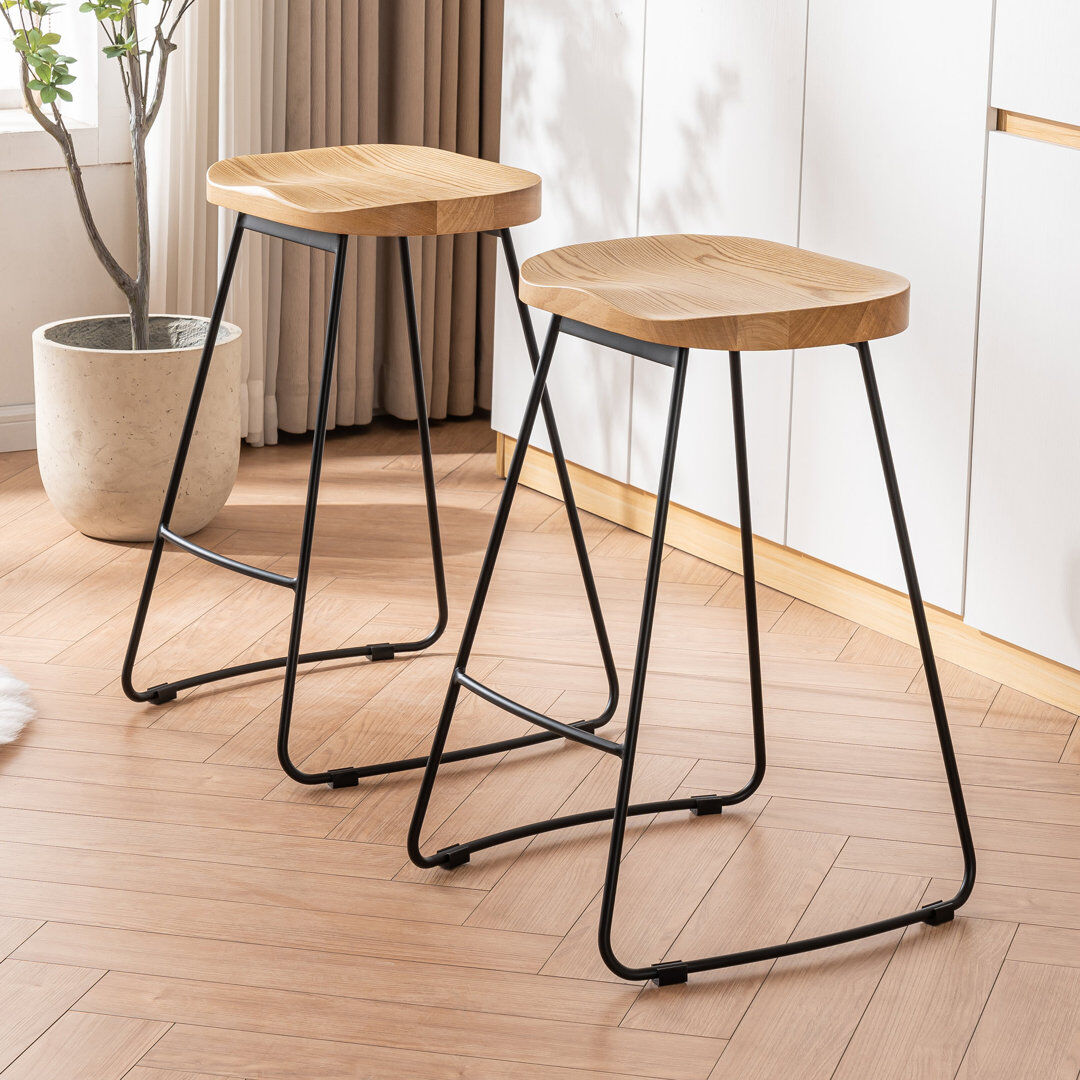 Rio Bar Stools Set of 2 Rustic Counter Stools with Solid Wood Saddle Seat & Metal Legs, Backless Kitchen Island Stools for Breakfast Bar & Home Decor Black 65cm H X 46cm W X 44cm D