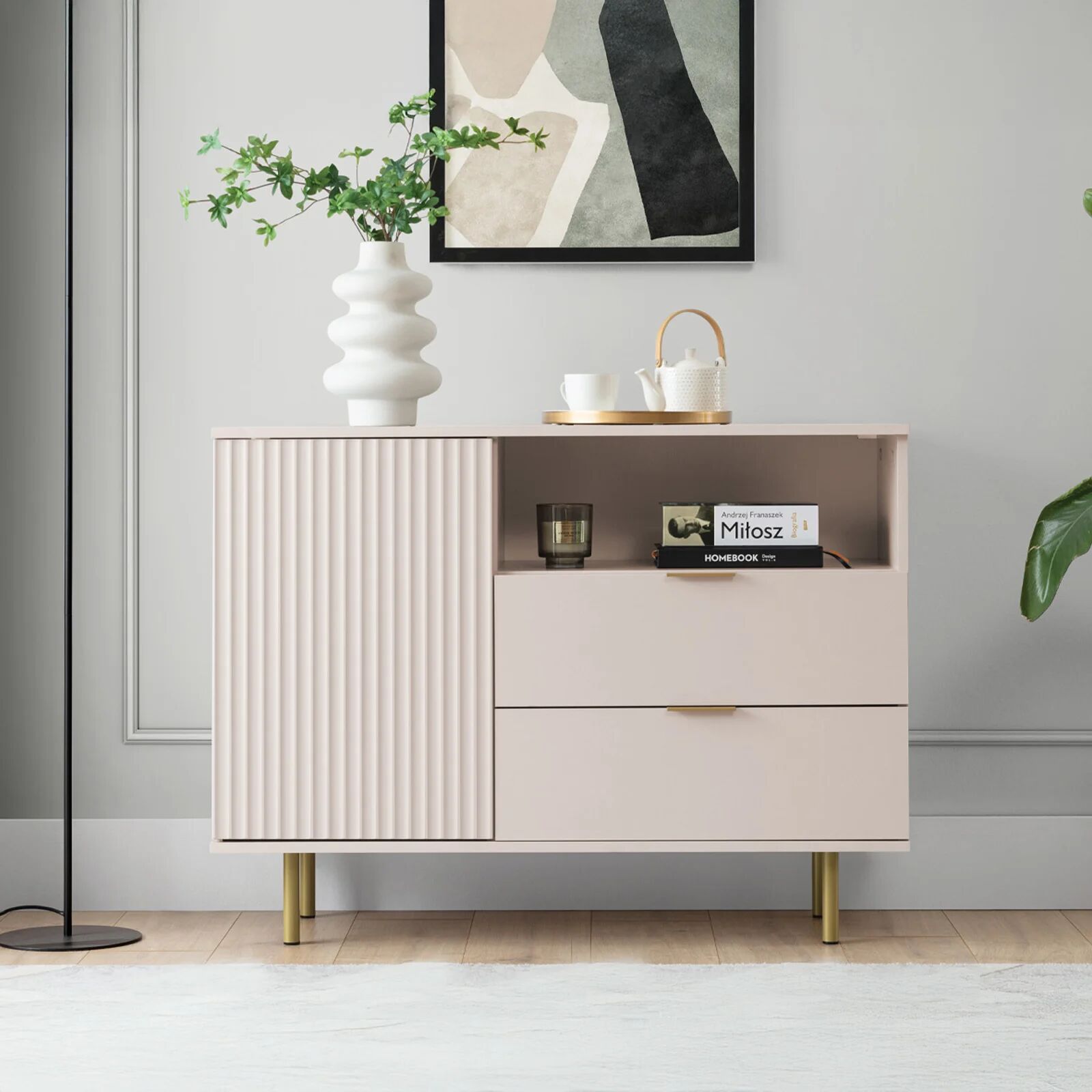 garneroarredamenti Madia 107x80h cm 1 anta 2 cassetti cannettato moderna beige Vanessa