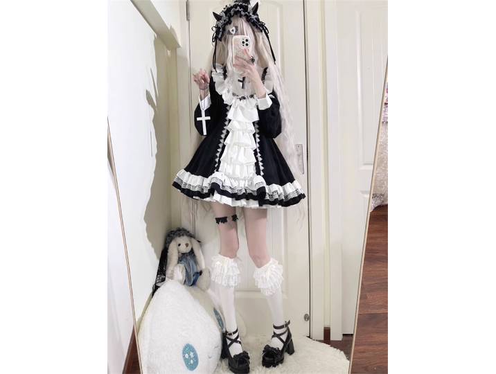 Robe Lolita courte de style nonne gothique, robe noire princesse Lolita, jolie robe moelleuse Cos Loli Tea Party