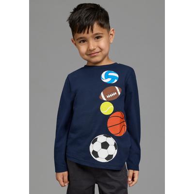 Langarmshirt KIDSWORLD "Shirt mit tollem Bälle Druck", Jungen, Gr. 92/98, blau (marine), Jersey, Obermaterial: 100% Baumwolle, bedruckt, Basic, Rundhals, Shirts Langarmshirt, Shirt mit Ball-Druck, Basic-Passform, Langarm, mit Rundhalsausschnitt