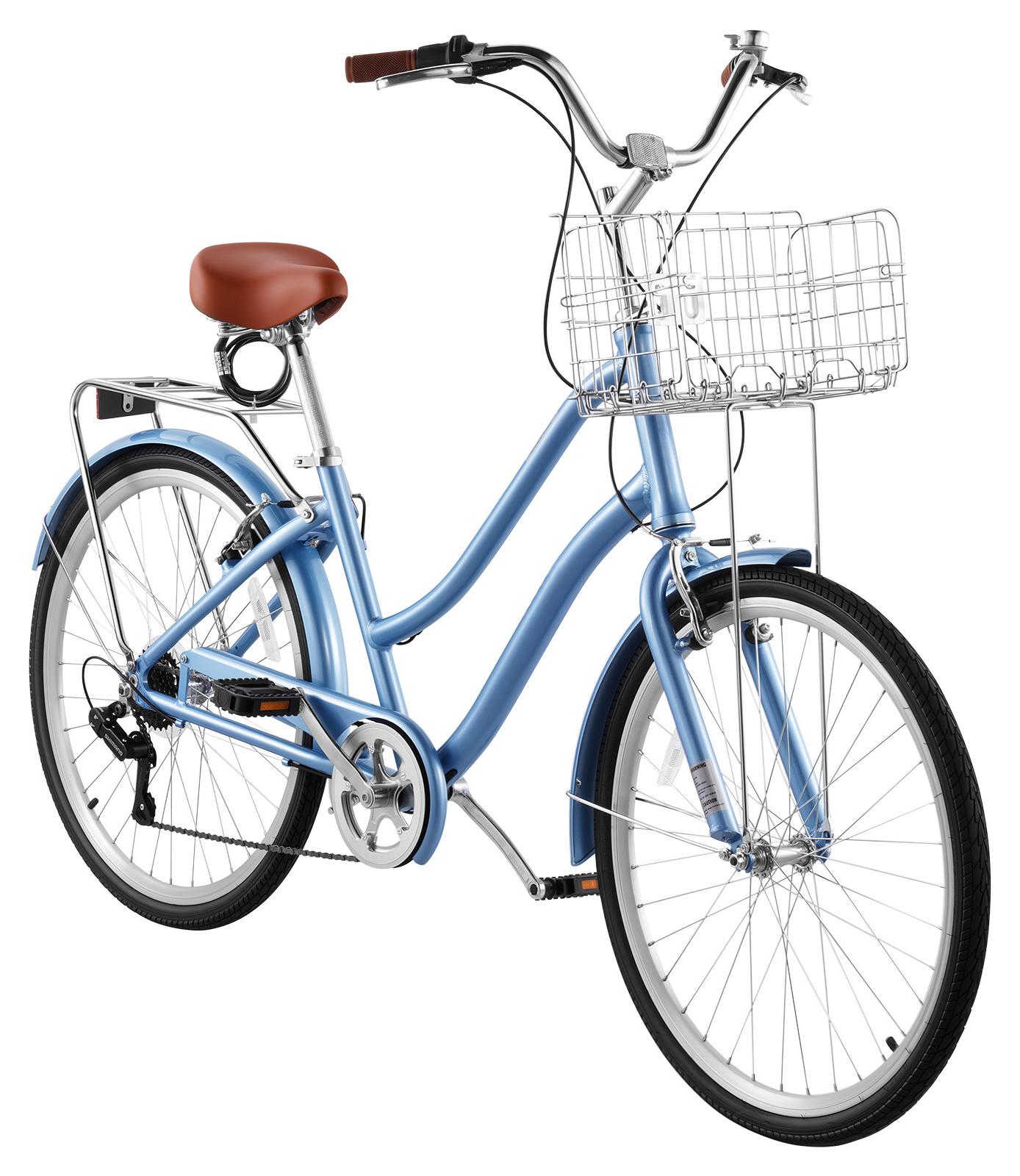 SucceBuy 26-Zoll-Damen-Cruiser-Fahrrad in Hellblau, 7-Gang-Citybike für Alltag und Freizeit, mit Korb, Gepäckträger (bis 50 kg), Doppel-V-Bremsen und praktischem Zubehör, geeignet für Pendelfahrten und Strandtouren