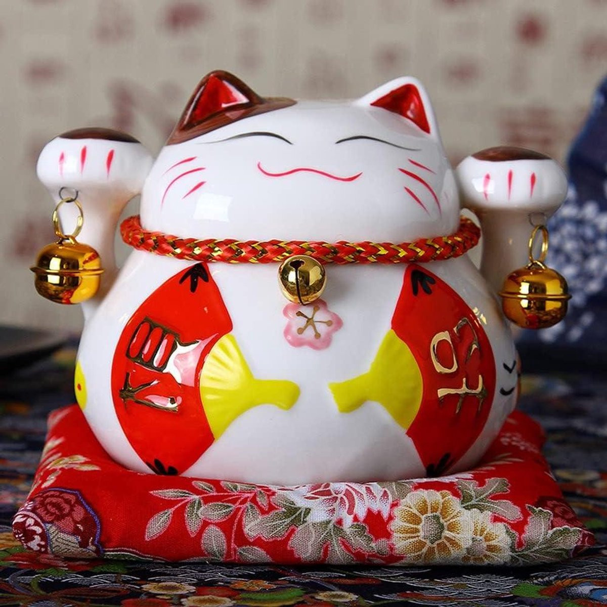 Wit Keramische Maneki Neko Kat met Spaarpot Functie, Hoogte: 12 cm