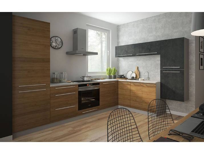 Feldmann-Wohnen Küchenzeile Malmo, (HETTICH InnoTech Atira Vollauszugschubladen, Gasdruckdämpfer), 305x247cm grau / Pembroke - ares black, 11-teilig