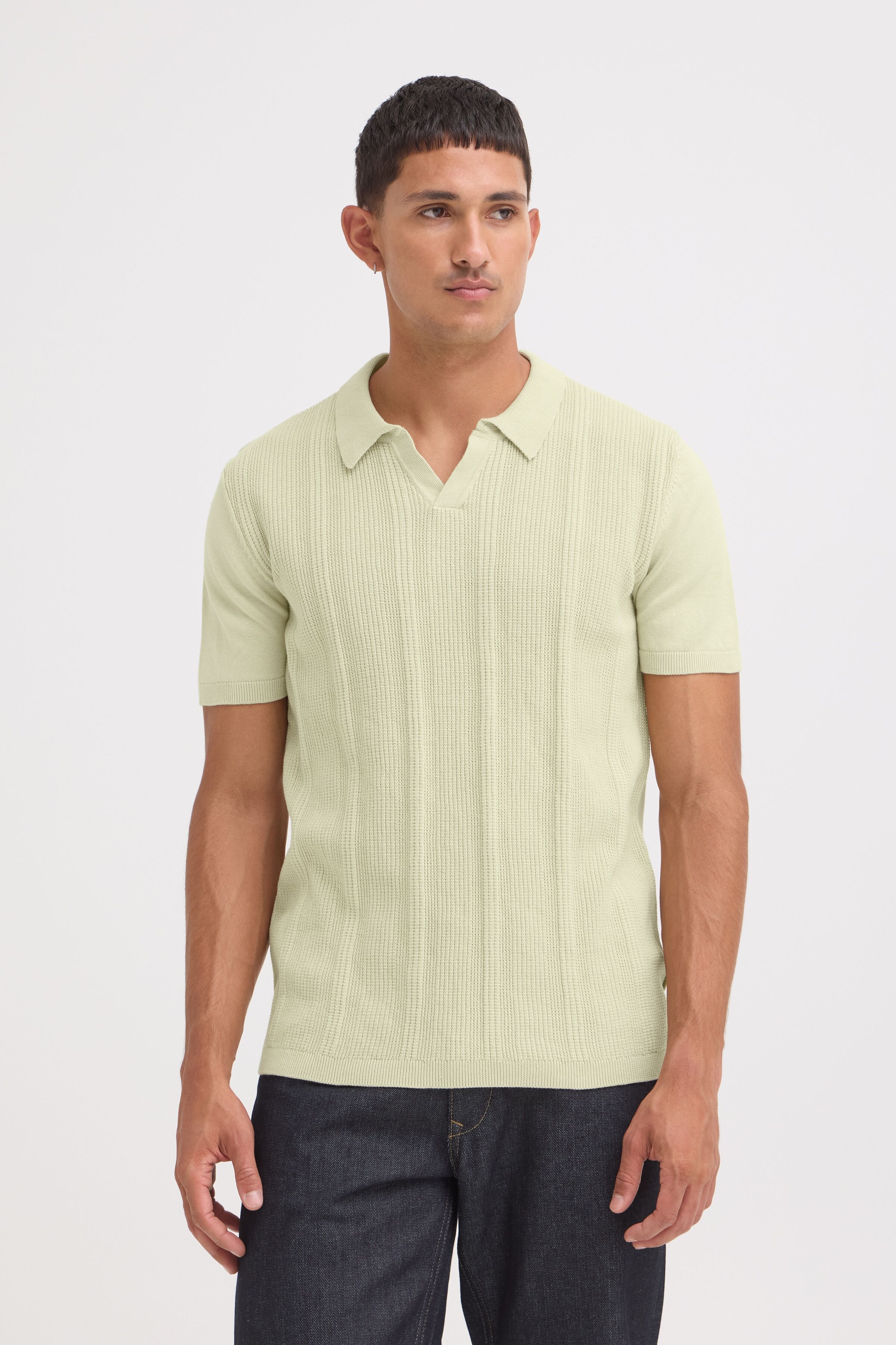 Polokragenpullover BLEND "BHBARON SPLIT POLO PPNOOS", Herren, Gr. 3XL, beige (alfalfa), Strick, Obermaterial: 100% Baumwolle, unifarben, regular fit normal, V-Ausschnitt, Pullover Polokragenpullover, aus Baumwolle, Regular Fit, unifarben, Kurzarm, mit V-A