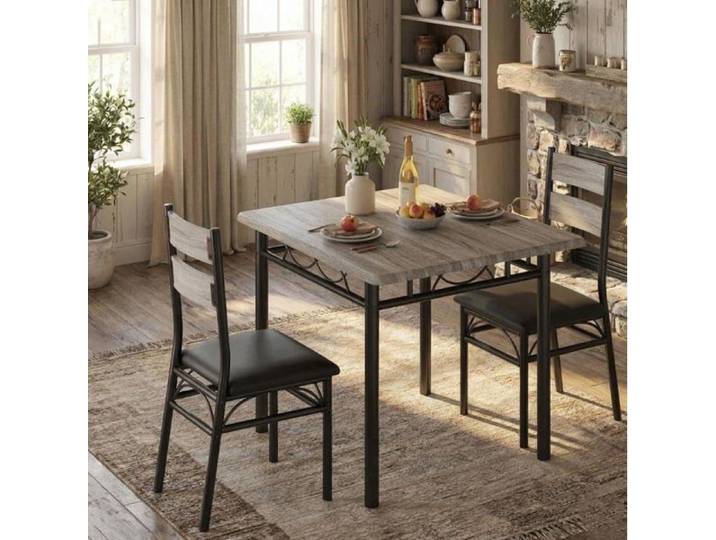 Set Table de Cuisine 3 Pièces – Table Carrée Métal Solide + 2 Chaises Haute Rembourrée – Gris – 110 x 70 x 75 cm
