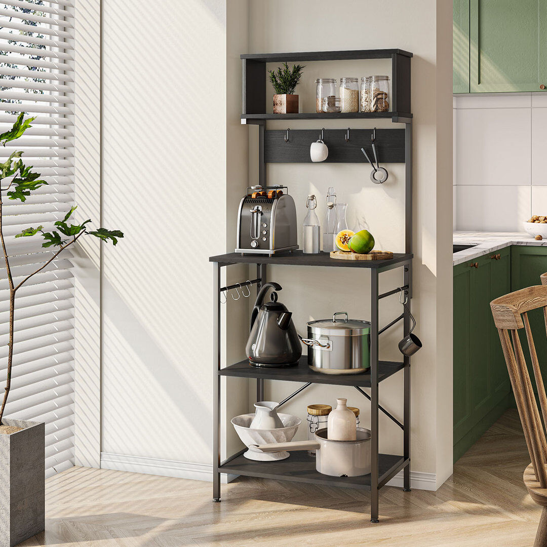 August Grove Selleck 60Cm W Steel Standard Baker's Rack With Multiple Layers of Storage and Hooks Black/Black Grained 153cm H X 60cm W X 42cm D
