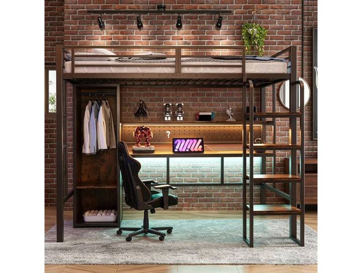 Lit Mezzanine 90x200 avec LED et USB Lit Enfant en Métal avec Bureau et étagère Lit Mezzanine Enfant avec Armoire et Escalier Noir