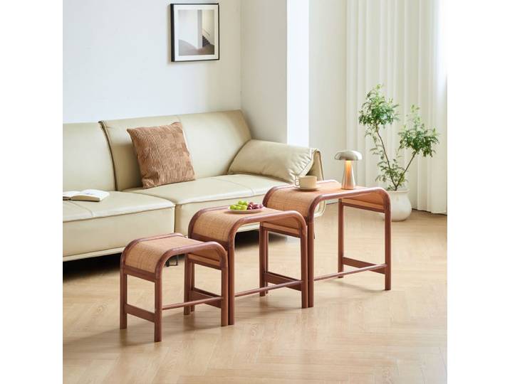 Set de 3 tables basses en bois et rotin