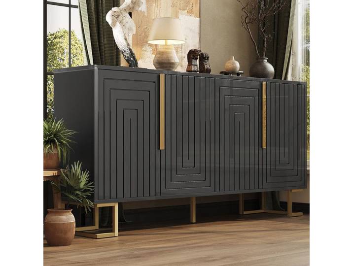 Buffet bas 152x40x75 cm avec des poignées et pieds dorés Buffet de cuisine en design géométrique Buffet salon en noir