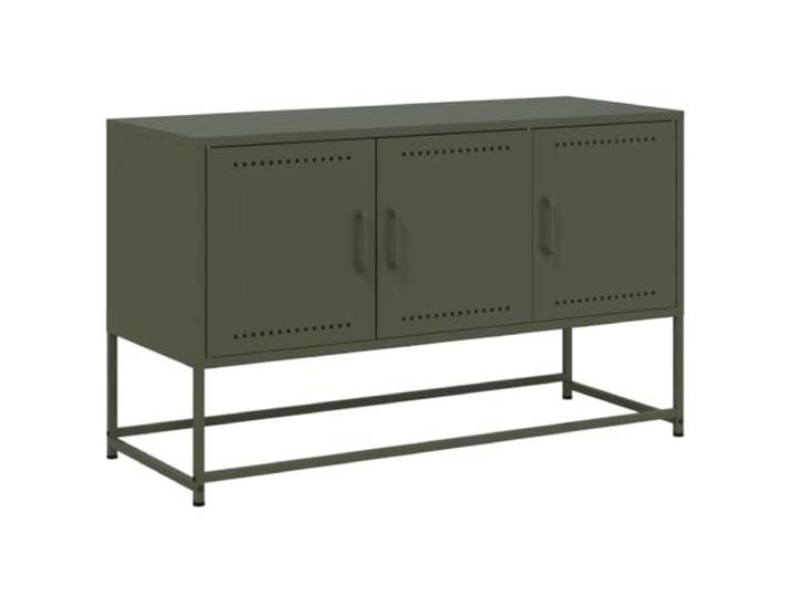 KGFHERENB TV-Schrank Olivgrün 100,5x39x60,5 cm Stahl Lowboard Vielseitiges Industrie-Design fürs Schlafzimmer mit drei offenen Fächern für Multimedia und Spielekonsolen.