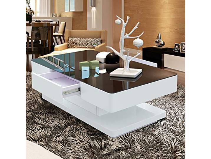TUKAILAI Hochglanz Couchtisch mit 2 Schubladen und 8 mm Gehärtetem Glas, Glas Kaffeetisch Wohnzimmertisch mit Stauraum für Büro, Wohnzimmer, Möbel, Empfang, Wartebereich, Wartebereich Tisch