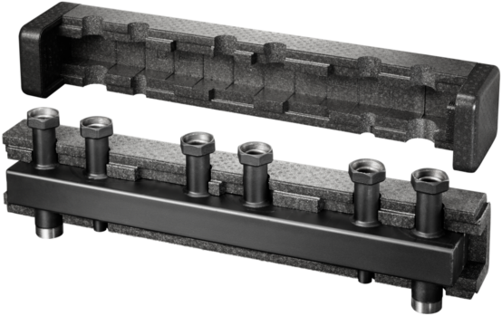 Oventrop Verteilerbalken 1351674 DN 32, Stahl, mit Isolierung und Wandhalterung, für 4 Heizkreise