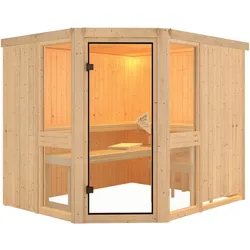 Karibu Amelia 3 - Sauna mit Eckeinstieg 68 mm-Ohne Ofen-ohne Dachkranz