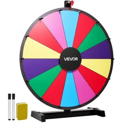 VEVOR Glücksrad Drehrad (61 cm) 14 Slots Glücksrad mit Ständer, Lotteriespiele Gewinn-Roulette mit Tafelschwamm & 2 Markern, 6 Farben, Spinning Prize Wheel ideal für Party Kneipe Messe