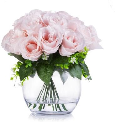 Enova Home Artificial 18 Heads Silk Roses Fake Flowers Arrangement in Clear Glass Vase with Faux Water for Home Wedding Decor