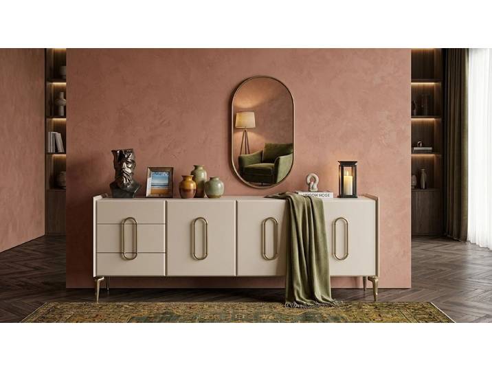 Xlmoebel Sideboard Elegantes Weißes Sideboard mit Spiegel Holz Metall Wohnambiente (2 St., 2-tlg)