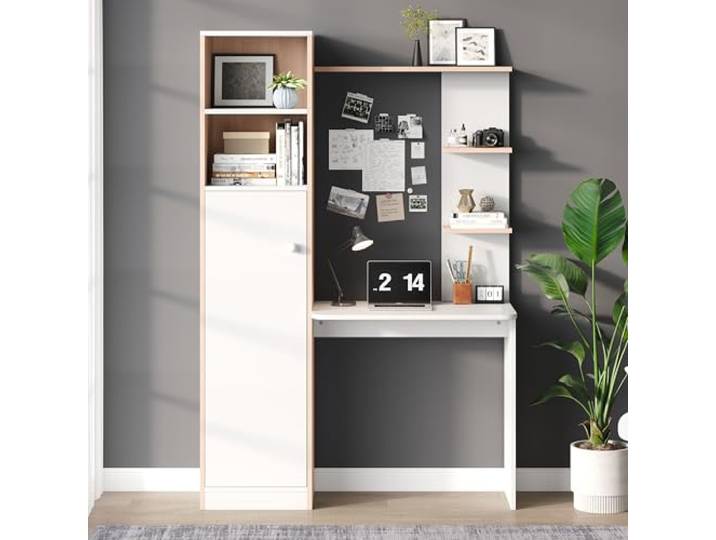 Mielvu Arbeitstisch/Schreibtisch mit Aufbewahrung – Weiß mit Stabholzkontrast, unterer Schrank mit Türen und oberes offenes Regal, Büro-Design, 123,5x45x168,5 cm