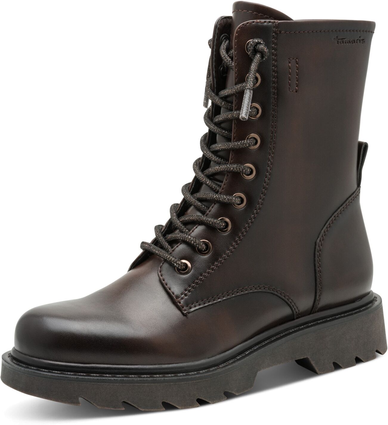 Schnürstiefelette TAMARIS, Damen, Gr. 38, Synthetik Textil, braun (mokka), unifarben, Basic, Schuhe Schnürstiefelette, Blockabsatz, Schnürboots mit glänzenden, elastischen Schnürsenkeln