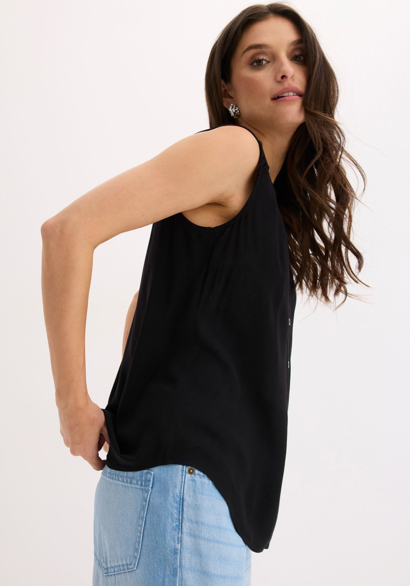 Blusentop BONPRIX, Damen, Gr. 50, schwarz, Web, Obermaterial: 100% Viskose, figurumspielend, Blusen Blusentop, figurumspielende Passform, für Festivals und besondere Anlässe schwarz 50